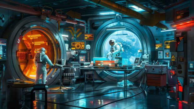 Cool Space desktop background with a realistic International Space Station with astronauts working outside wallpaper.
