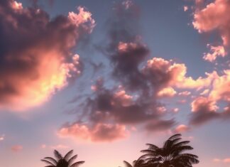 Cool Sunset over a tropical island, palm trees swaying in the breeze.