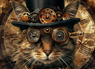 Cool digital art of a steampunk cat with mechanical parts and a top hat.