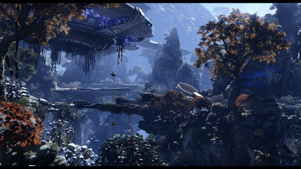 Cool space background with a futuristic spacecraft landing on an alien planet wallpaper, with strange flora and fauna.