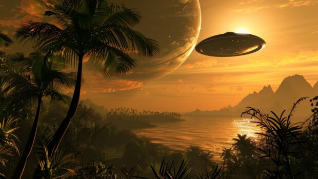 Cool space desktop background with a futuristic spacecraft landing on an alien planet wallpaper, with strange flora and fauna.