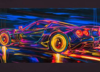 Cool Sports car oil painting with neon lights.