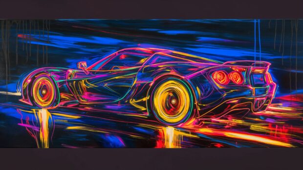 Cool Sports car oil painting with neon lights.