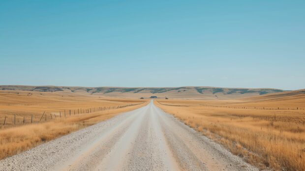 Country 4K Wallpaper with a peaceful rural road with golden fields on either side and a lone farmhouse in the distance.