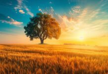 Country Background captures the sunrise over a golden wheat field with a lone tree standing against the morning sky.
