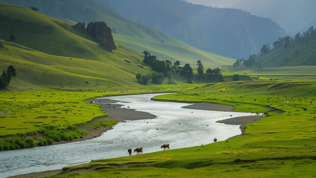 Country Wallpaper Desktop 4K with a serene river winding through a lush green valley with cattle grazing peacefully along its banks.