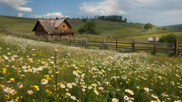 Country Wallpaper HD with a quaint country farmhouse surrounded by blooming wildflowers and a rustic wooden fence.