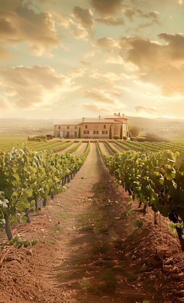 Country iPhone Background with a tranquil vineyard with rows of grapevines and a rustic stone building in the distance.