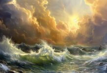 Crashing ocean waves against rocky cliffs under a dramatic sky background.