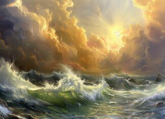 Crashing ocean waves against rocky cliffs under a dramatic sky background.