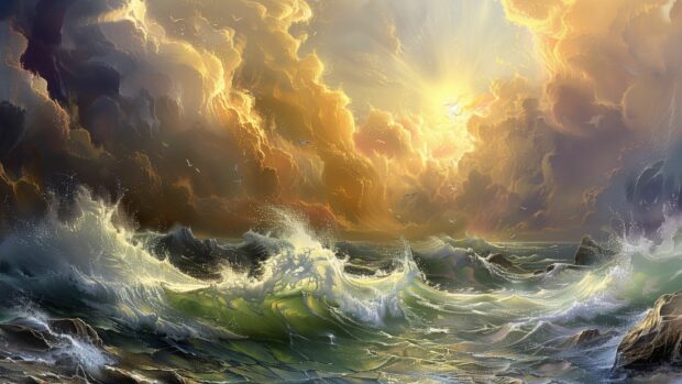Crashing ocean waves against rocky cliffs under a dramatic sky background.