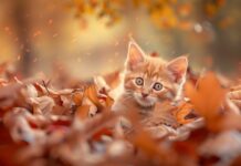 Cute Cat 4K Wallpaper HD with a playful kitten in a pile of autumn leaves.