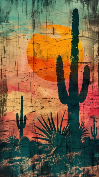 Cute Desert sunset with a silhouette of cacti against the colorful sky.