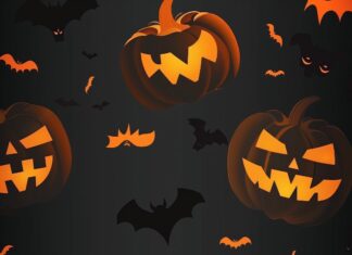Cute Halloween iPhone background with cute pumpkins and cute bats, pattern style.