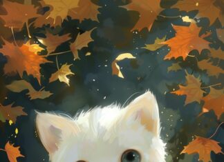 Cute White Cat Halloween Wallpaper.