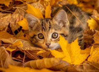 Cute kitten in a pile of autumn leaves, 1080p HD Image.