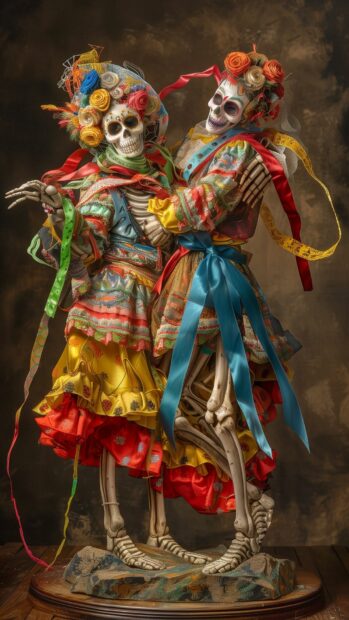 Delightful Halloween skeletons dancing with cute costumes and colorful ribbons, Funny Wallpaper.