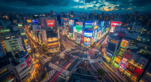 Desktop Wallpaper HD with a bustling cityscape at night with illuminated skyscrapers and busy streets.