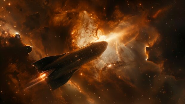 Desktop wallpaper HD with an artistic rendering of a SpaceX Starship traveling through deep space, with distant stars and galaxies visible in the background.