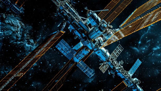 Detailed close up of the International Space Station’s modules and truss structure, showing the intricate engineering.