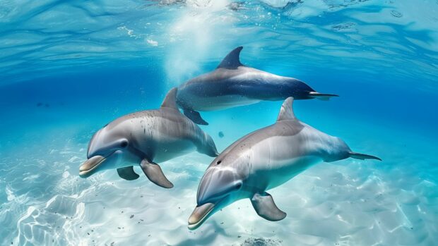 Dolphins playing in the clear blue underwater ocean waters.