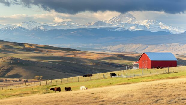 Download Country Wallpaper HD with a traditional red barn nestled in a valley with grazing cows and a backdrop of distant mountains.