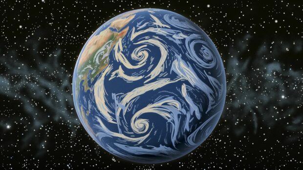 Earth from space desktop HD Wallpaper with swirling clouds and deep blue oceans, surrounded by stars.