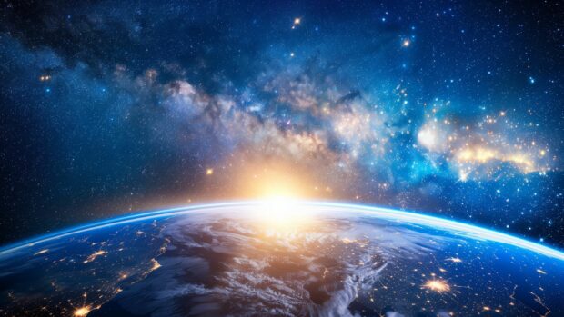 Earth from space with the Milky Way galaxy in the background and bright stars.