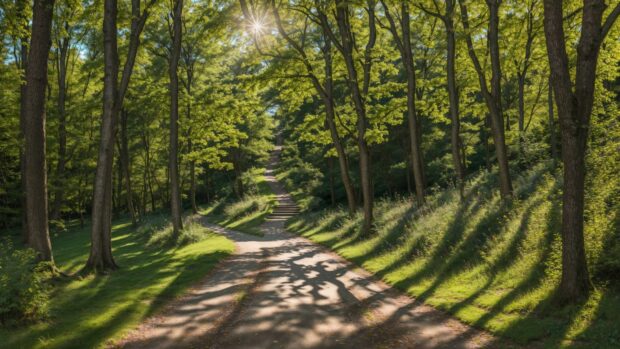 Enchanting 4K HD wallpaper of a pathway leading through a sun dappled summer forest.
