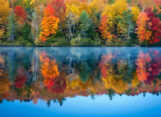 Fall background for desktop with a tranquil lake reflecting colorful fall foliage.