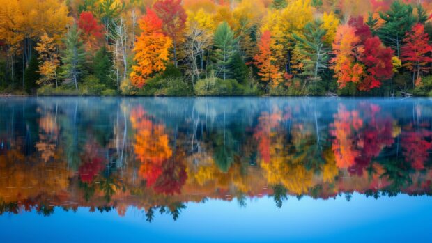 Fall background for desktop with a tranquil lake reflecting colorful fall foliage.