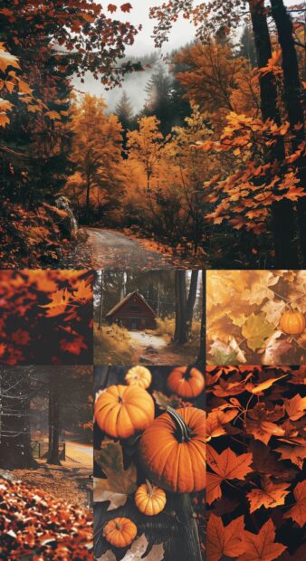 Fall collage featuring a variety of autumn scenes colorful foliage, pumpkin patches, cozy cabins, winding forest paths.