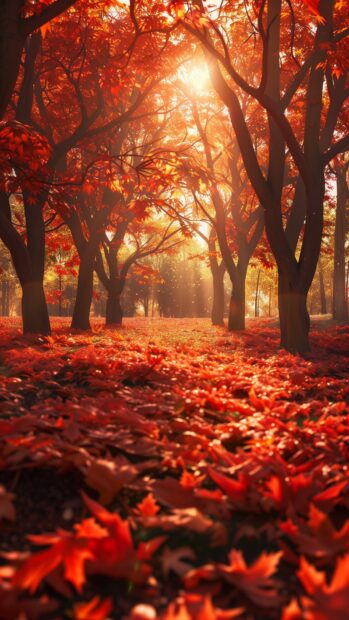 Fall iPhone  Wallpaper with Autumn field with red maple trees, scattered leaves.