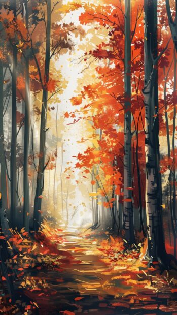 Fall pathway covered in golden leaves, trees arching overhead.