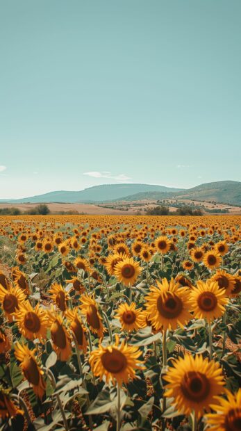 Fall sunflower field, golden blooms under a clear blue sky, warm sunlight enhancing the colors.