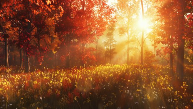 Fall wallpaper HD features a serene forest path covered with vibrant fall leaves, sunlight filtering through the trees.