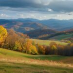 Fall wallpaper features a scenic mountain landscape in fall, high quality photography.