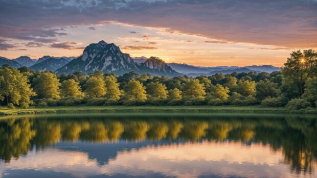Free HD Backgrounds 4K wallpaper of a peaceful lake reflecting the vibrant colors of a summer sunset.