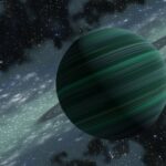 Free Outer Space background with a detailed depiction of a distant exoplanet with rings, set against a starry outer space background.