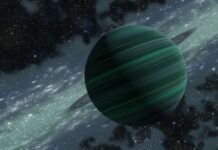 Free Outer Space background with a detailed depiction of a distant exoplanet with rings, set against a starry outer space background.