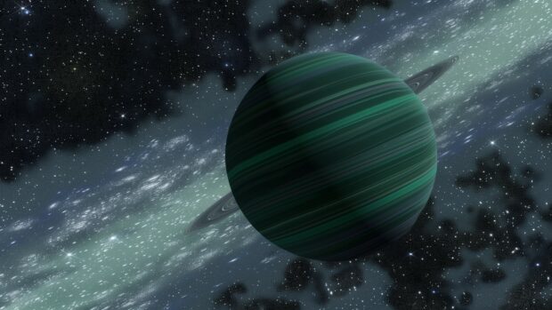Free Outer Space background with a detailed depiction of a distant exoplanet with rings, set against a starry outer space background.