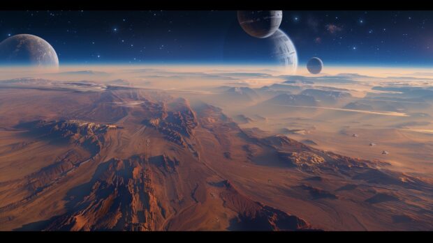 Free Star Wars Space wallpaper with a stunning view of the Star Wars galaxy from space, showing multiple planets, stars, and distant nebulae with intricate details.