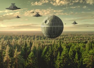 Free Star Wars desktop wallpaper with a panoramic view of the forest moon of Endor, with the Death Star looming in the sky and Imperial shuttles flying above.