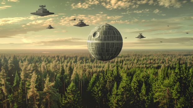 Free Star Wars desktop wallpaper with a panoramic view of the forest moon of Endor, with the Death Star looming in the sky and Imperial shuttles flying above.