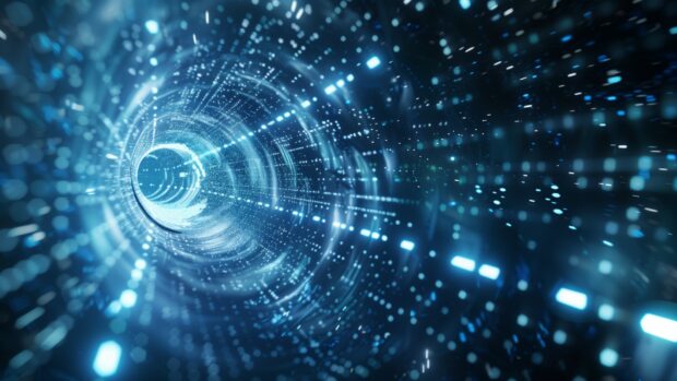 Free download Blue Space background HD with a futuristic spaceship traveling through a blue tinted wormhole, with dynamic light effects and distant stars in the background.