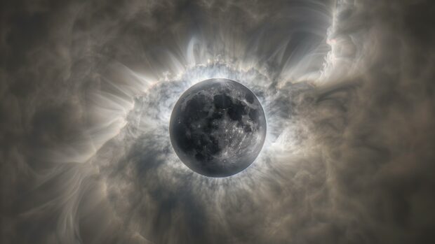 Free download Cool Space background HD with a stunning solar eclipse with the sun’s corona visible around the moon, creating a halo effect.