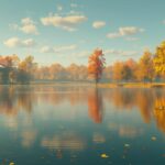 Free download Fall background 4K with a tranquil lake reflecting colorful fall foliage.