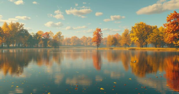 Free download Fall background 4K with a tranquil lake reflecting colorful fall foliage.