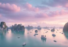 Serene seascape of limestone islands and boats during sunset in Ha Long Bay, Vietnam.