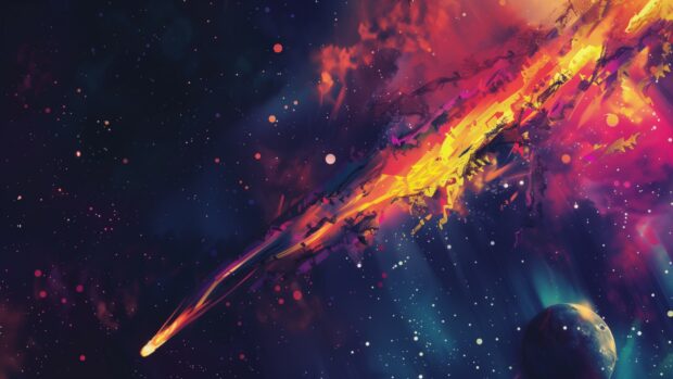 Free download Space HD Wallpaper with a colorful image of a comet with its tail streaking across the night sky.